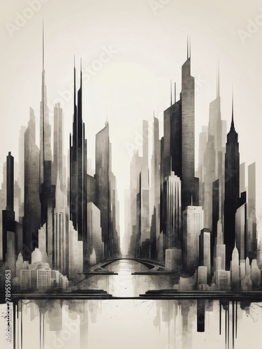 Abstract representation of a modern metropolis against a neutral background.