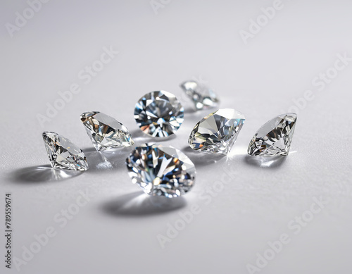 Several sparkling diamonds are displayed on a table, reflecting light and showcasing their brilliance