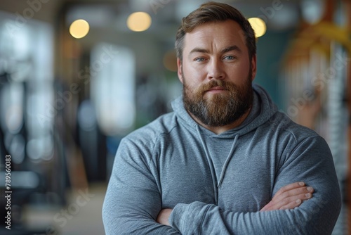 A serious-looking bearded man with arms crossed standing in a gym, implying determination and strength