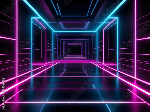 Abstract neon light geometric background. Glowing neon lines design. Empty futuristic stage laser. Colorful rectangular laser lines. Square tunnel. Night club empty room. Laser show design