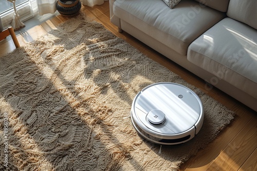 A modern robotic vacuum cleaner efficiently cleans the carpet in a room filled with natural sunlight, reflecting concepts of technology and convenience photo