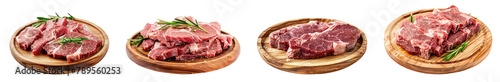fresh raw meat on wooden plate isolated on white or transparent background png cutout clipping path