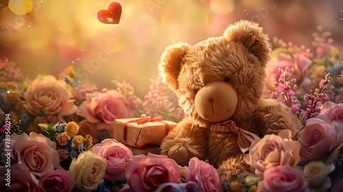 Teddy Bear Surrounded by a Tapestry of Roses and Hearts