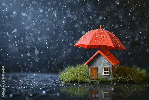 A toy house on a small grass protected by an big umbrella from raindrops on a blue background safeguarding your home and belongings from unexpected storms and losses. photo