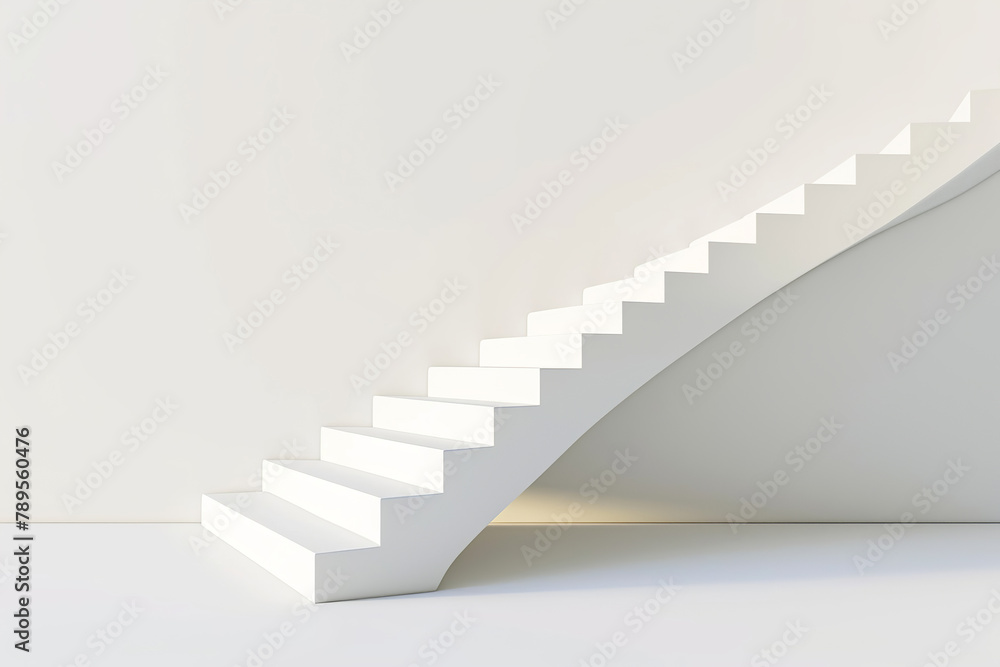 Stairway on white background. Perfect place for your products presentation. Room with stairs, grey wall background. Perspective view layout with platform, light from window. Stairway on white background. Perfect place for your products presentation. Room with stairs, grey wall background. Perspective view layout with platform, light from window.