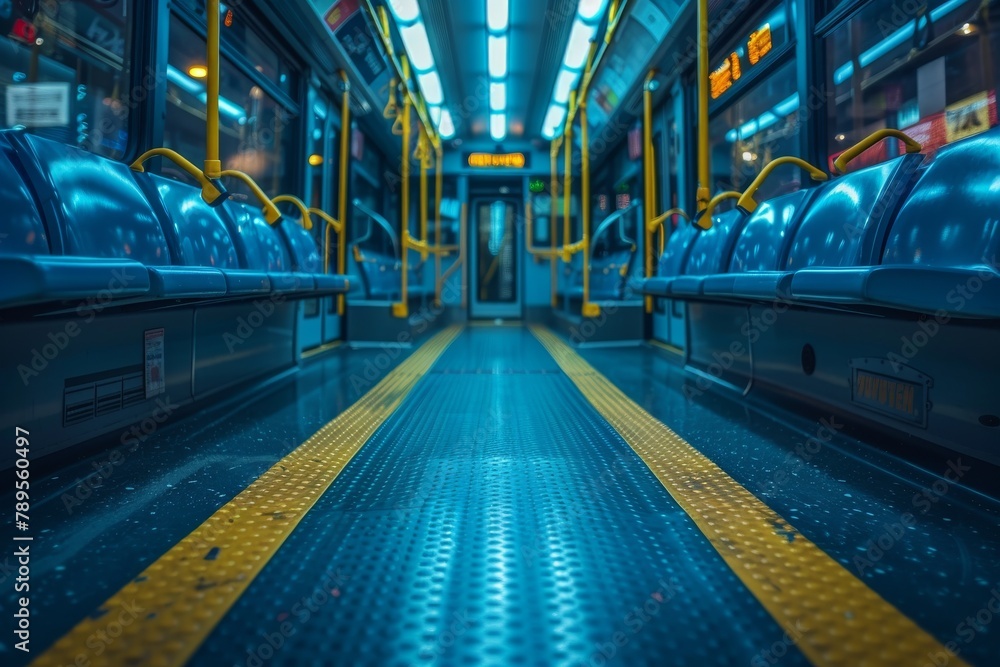 Fototapeta premium The perspective of an empty subway car with vivid blue seats, reflecting the quiet moments of city transportation