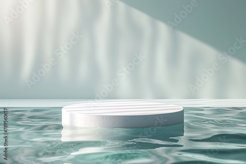 White podium with abstract decorative objects. Natural beauty nature product display platform or blank mockup. Transparent and clean white water 