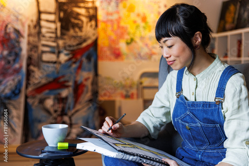 Smiling asian artist drawing on book at art studio  photo