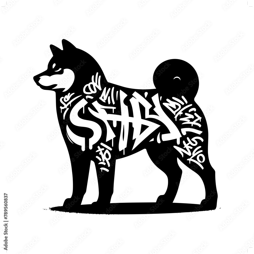 shiba dog silhouette, animal graffiti tag, hip hop, street art typography illustration.