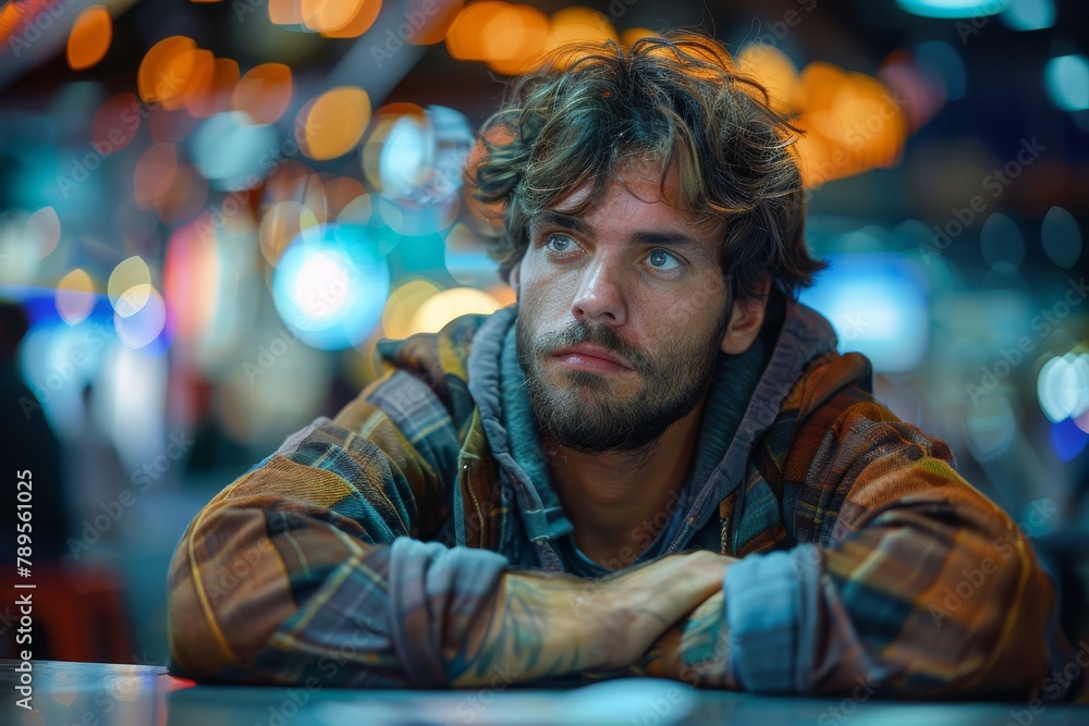 A contemplative man with blue eyes sits in a neon-lit space, giving a pensive stare A contemplative man with blue eyes sits in a neon-lit space, giving a pensive stare