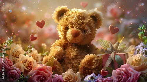 Charming Teddy Bear and Abundant Bouquet of Enchanting Roses © Maquette Pro
