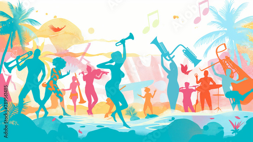 Vibrant beach party scene with lively music and dancing illustrated in bright colors