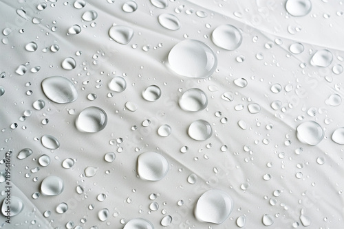 Water droplets on a gray background. Abstract natural background of drops. Water drops on waterproof fabric background.