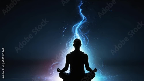 Silhouette man meditation with blue energy flow arround