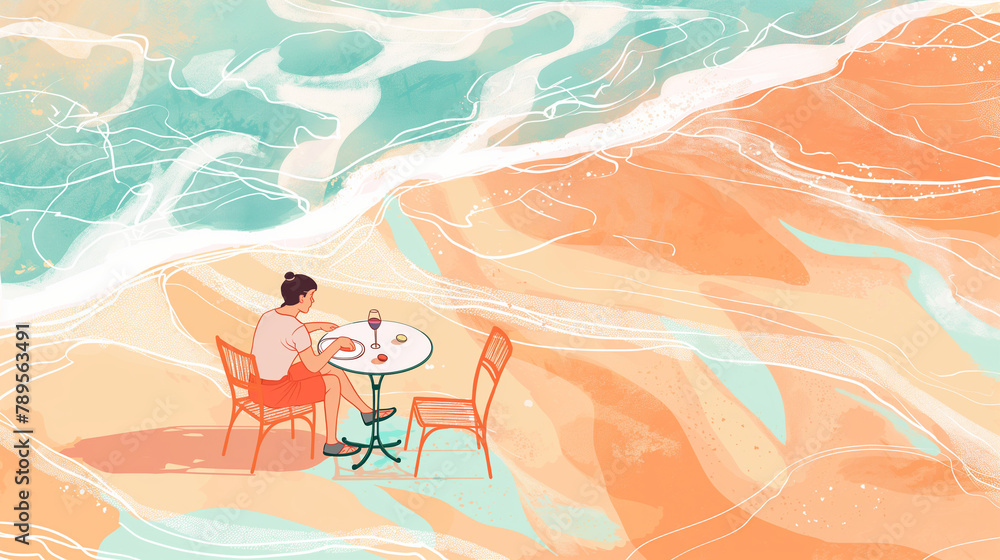 Abstract Beachside Solo Dining with Wine and Sea Breeze