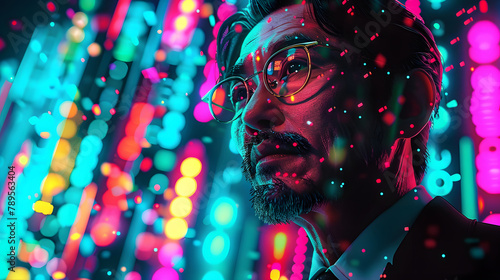 A man with a thoughtful expression is immersed in a kaleidoscope of neon lights, creating a vibrant and contemplative atmosphere