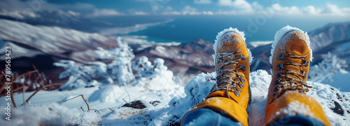 Closeup of hiking boots on the top of a mountain full of snow. 