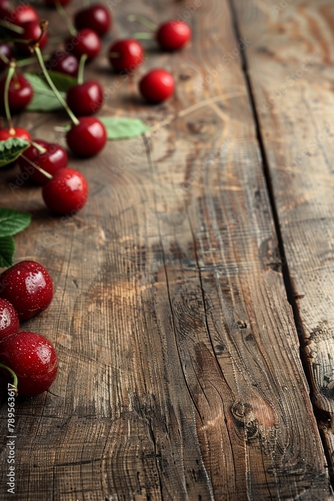 The cherries are vibrant and red, contrasting beautifully with the natural tones of the wooden table 8K , high-resolution, ultra HD,up32K HD