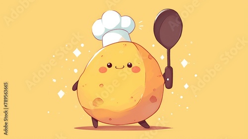 Picture a whimsical cartoon illustration featuring a chef potato proudly wielding a ladle spoon as the mascot for 2d