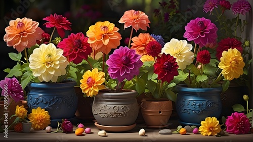  A photorealistic depiction of colorful dahlia flowers in small pots, showcasing a vibrant and lively gardening and flowering background. The image focuses on capturing the intricate details of the da photo