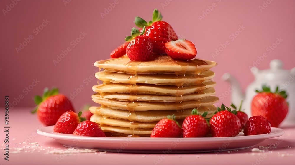 A photorealistic image showcasing a stack of pancakes generously topped with ripe strawberries, presented on a pink background. The focus should be on capturing the texture of the pancakes, the freshn A photorealistic image showcasing a stack of pancakes generously topped with ripe strawberries, presented on a pink background. The focus should be on capturing the texture of the pancakes, the freshn