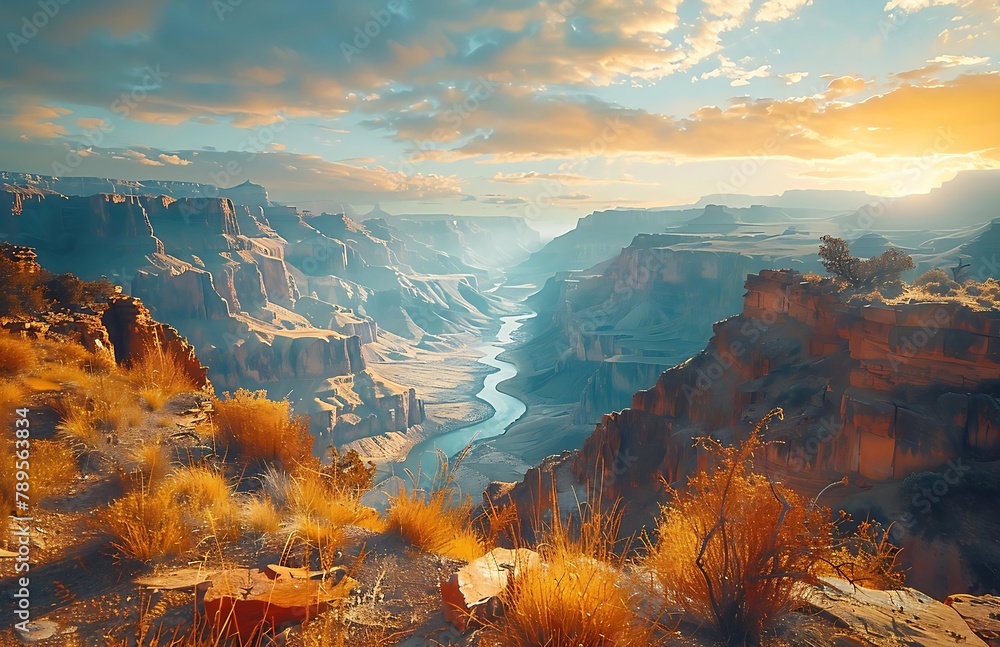 Fototapeta premium A beautiful landscape with a river running through it. The sky is cloudy and the sun is setting