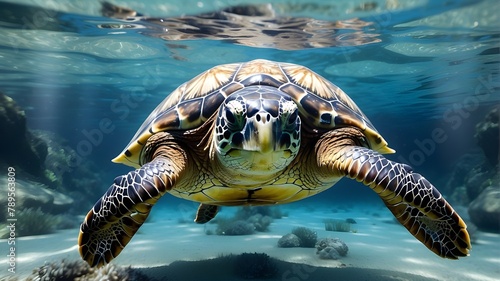  A photorealistic depiction of a graceful sea turtle swimming in clear blue water, with detailed emphasis on the texture of its shell, the clarity of the water, and the sandy ocean floor below. The im