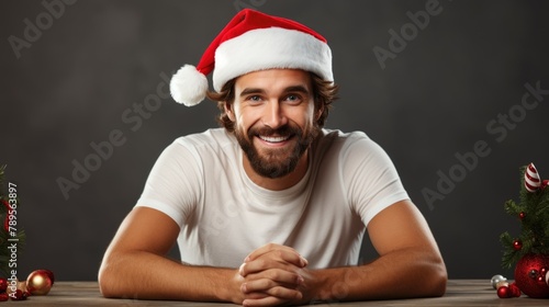 Smiling Man in Santa Hat Celebrating Christmas Spirit