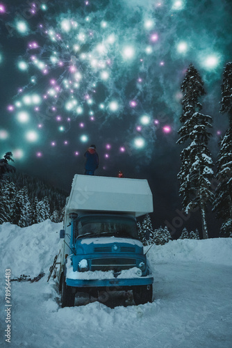 fireworks above camper van photo