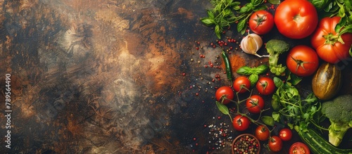 Top view of a vintage background showcasing raw, organic vegetables and fresh ingredients for healthy cooking. Features free text space and conveys a concept of vegan or diet food.