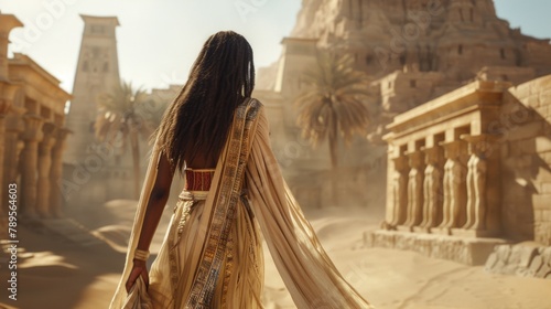 Ancient Egyptian Cityscape with a Majestic Woman Exploring the Ruins photo