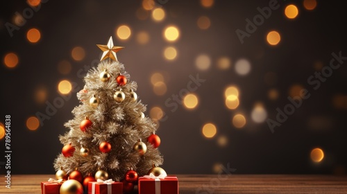 Festive Christmas Tree with Golden Star and Red Ornaments