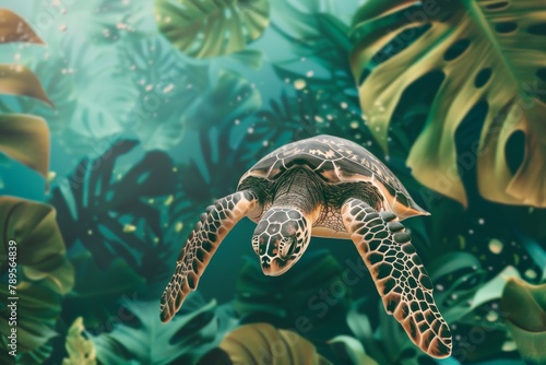 Green Turtle Swimming in Tropical Jungle © Rene Grycner