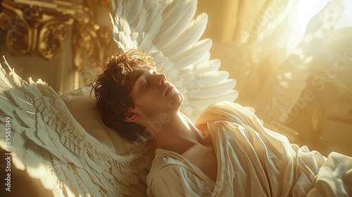 Serene Angel Resting in Sunlit Room with Ethereal Wings photo