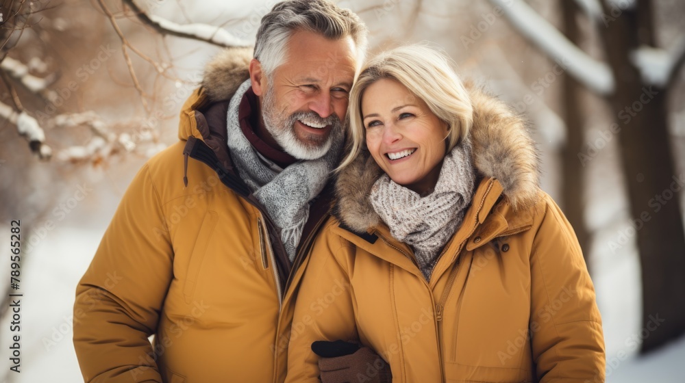 Senior Couple Enjoying Snowy Winter Walk in Park