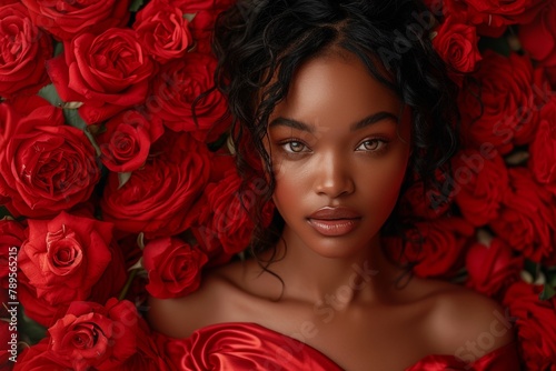 An enchanting afro-american woman with wavy hair is immersed in a sea of striking red roses, exuding a sense of love and luxury, symbolizing celebration Valentine's Day
