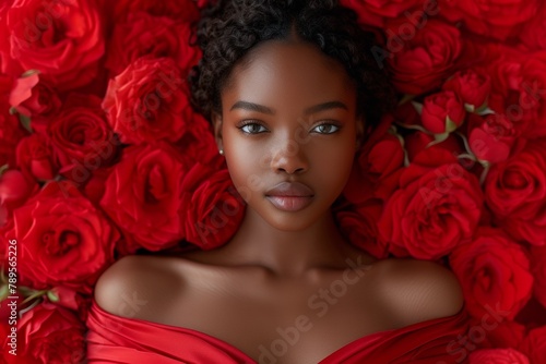 African american serene young woman with textured hair is enveloped by a bed of red roses, depicting tranquility and natural beauty, symbolizing celebration Valentine's Day
