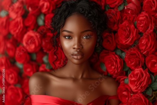 African american young model with curly hair poses against a backdrop of rich red roses, embodying allure and elegance, symbolizing celebration Valentine's Day