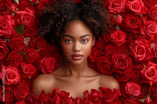 An elegant young african american woman with natural hair lies amidst a sea of vibrant red roses, symbolizing beauty and romance symbolizing celebration Valentine's Day