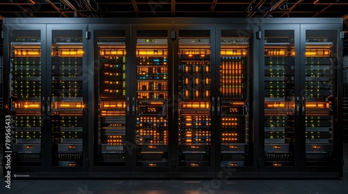 Modern Data Center Server Room with Illuminated Cabinets