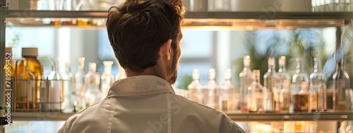 Scientist at Work, Man Studying Glass Test Tubes in Laboratory