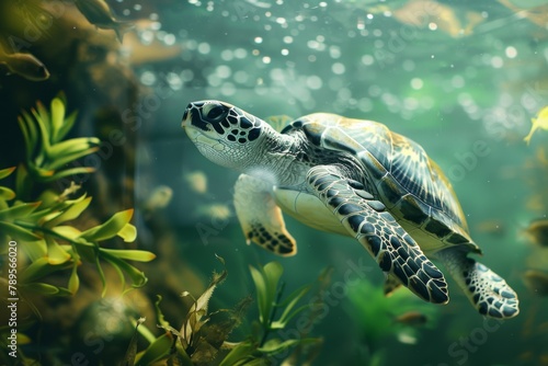 Sea Turtle Swimming in an Aquarium