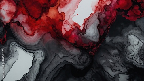 Charcoal black and ruby red abstract background made with alcohol ink technique, bright white veins texture. photo