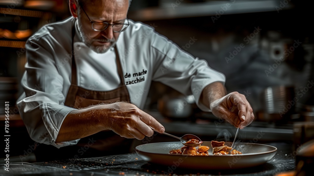 Intense Culinary Art Photography, Concentrated Chef Seasoning Dish with Dramatic Lighting in Kitchen