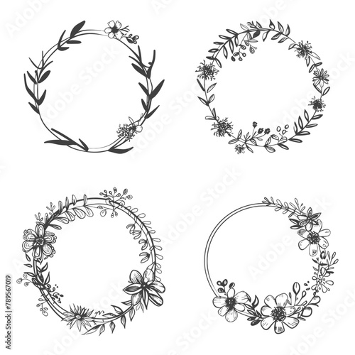 floral round line frames wedding invitation element black color only