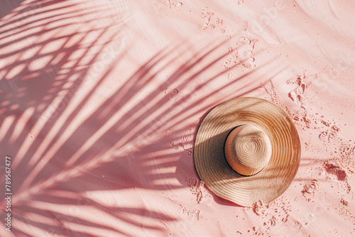 straw hat on sand, pink sand, beach, straw hat on beach, vacation photo