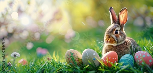 Easter background with easter bunny and colorful eggs on green grass, copy space. Created with Ai technology.