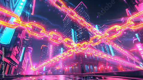 Neon-glowing blockchain chains ascend between high-rises in a cyberpunk cityscape  illustrating a vibrant  futuristic digital economy
