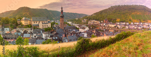 Aerial panoramic view of sunny Cochem, beautiful town on romantic Moselle river, Germany
