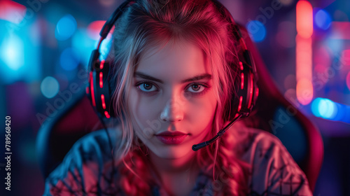 Intense Female Gamer with Headset and RGB Lighting at Gaming Station